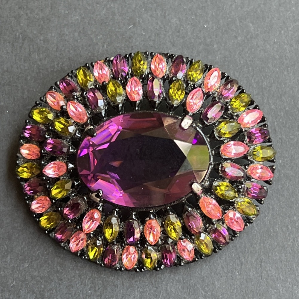 VTG Hollycraft Japanned Rhinestone Brooch Purple Pink Olivine Oval Statement Pin